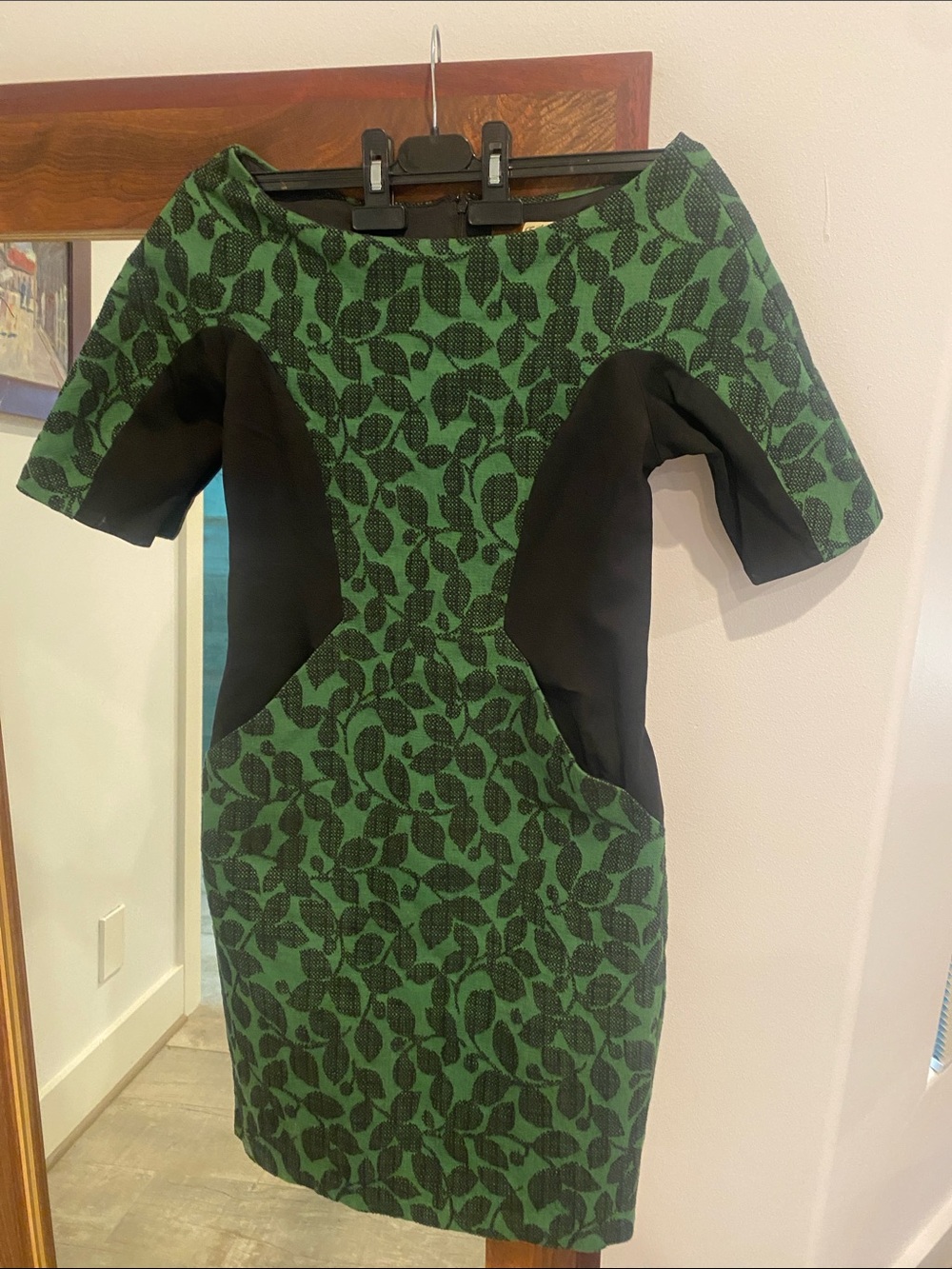 Eva Franco Green Leaf-Print Mini Dress with Black Panels